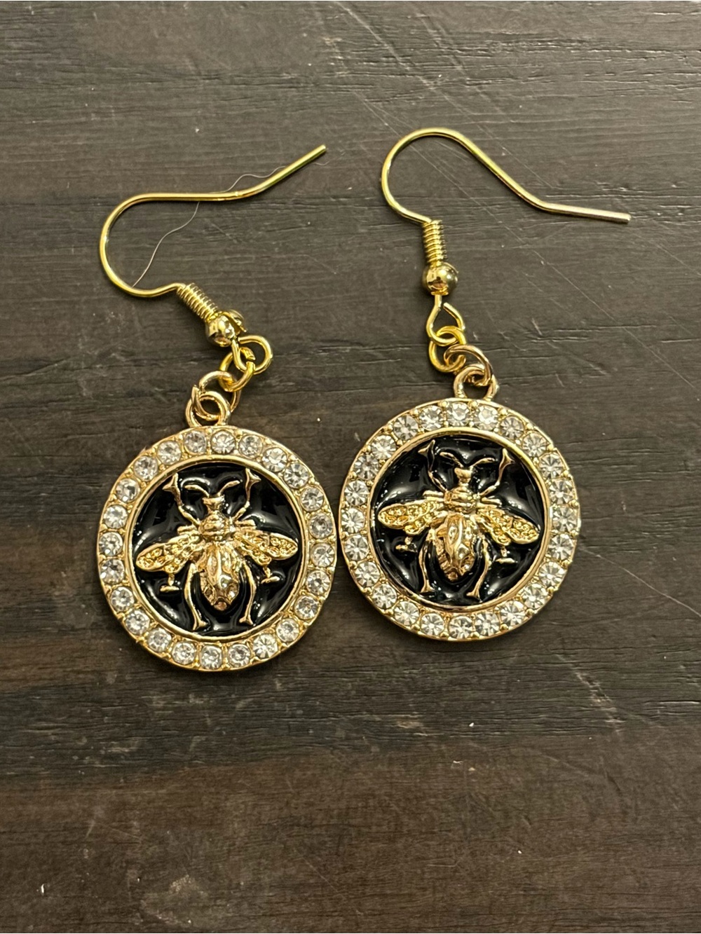 Gold Bee Drop Earrings with Black Enamel and Crystal Accents